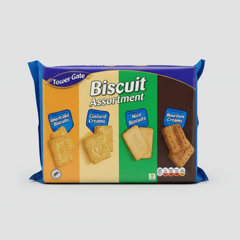 Tower Gate Biscuit Assortment (Shortcake,Custard Creams ,Nice Biscuits, Bourbon Creams) 700g