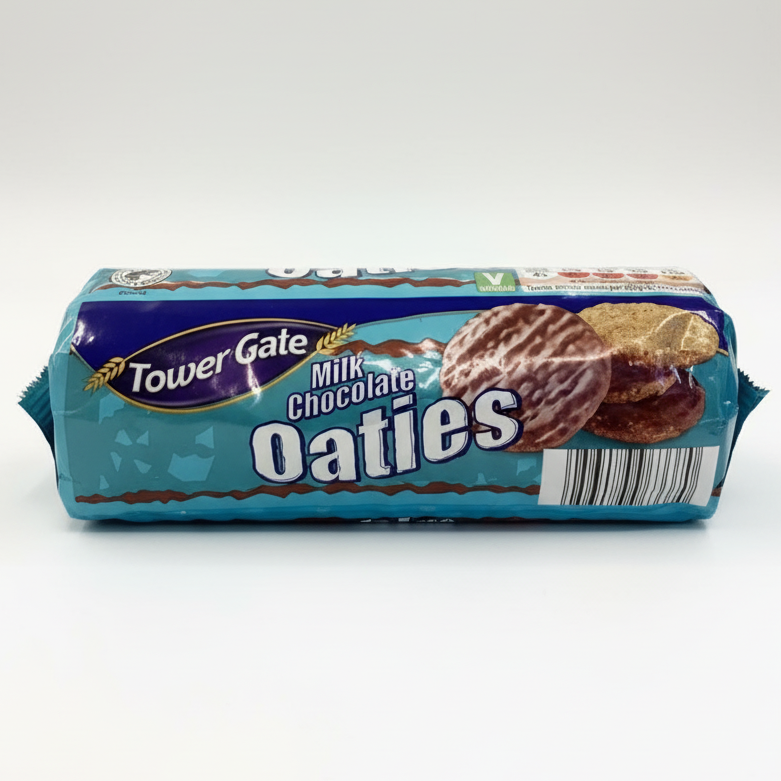Pack of Tower Gate Milk Chocolate Oaties on a white background