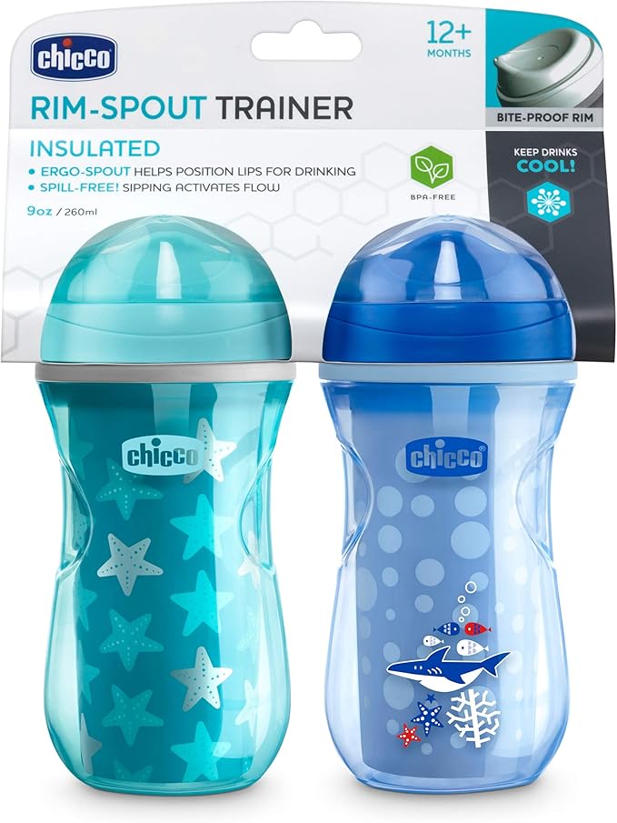 Chicco Insulated Rim Spout Trainer Spill Free Baby Sippy Cup 9oz Blue/Teal 12m+ 260ml (2pack)