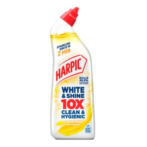 A bottle of Harpic White & Shine 10X Citrus Fresh toilet cleaner on a solid white background.