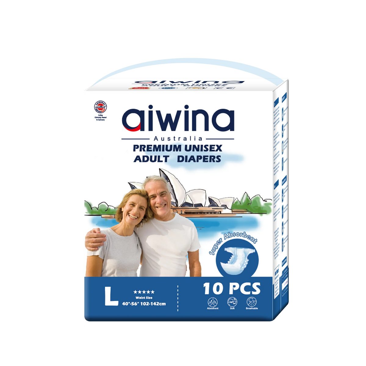 Aiwina Australia Premium Unisex Adult Diapers box, size Large, containing 10 pieces. The packaging is white and blue with a graphic of a couple in front of the Sydney Opera House.