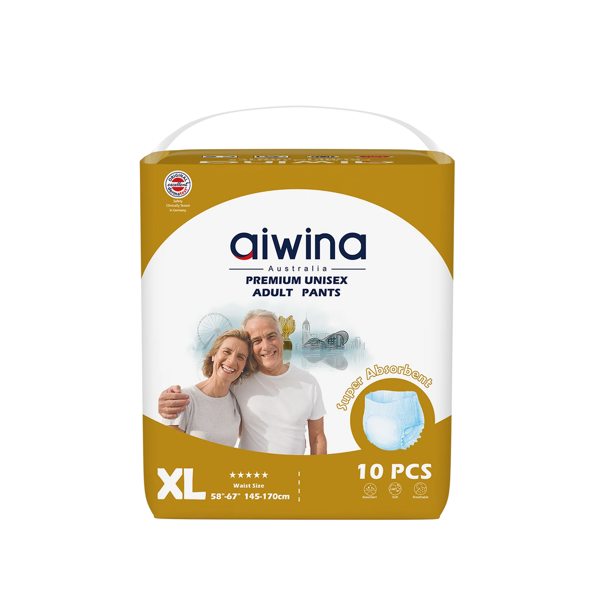 Aiwina Australia Premium Unisex Adult Pants in a 10-piece pack of size XL. The packaging is a rectangular box with a gold and white design, featuring a handle on top, a photo of a smiling couple, and a graphic of a blue absorbent pant.