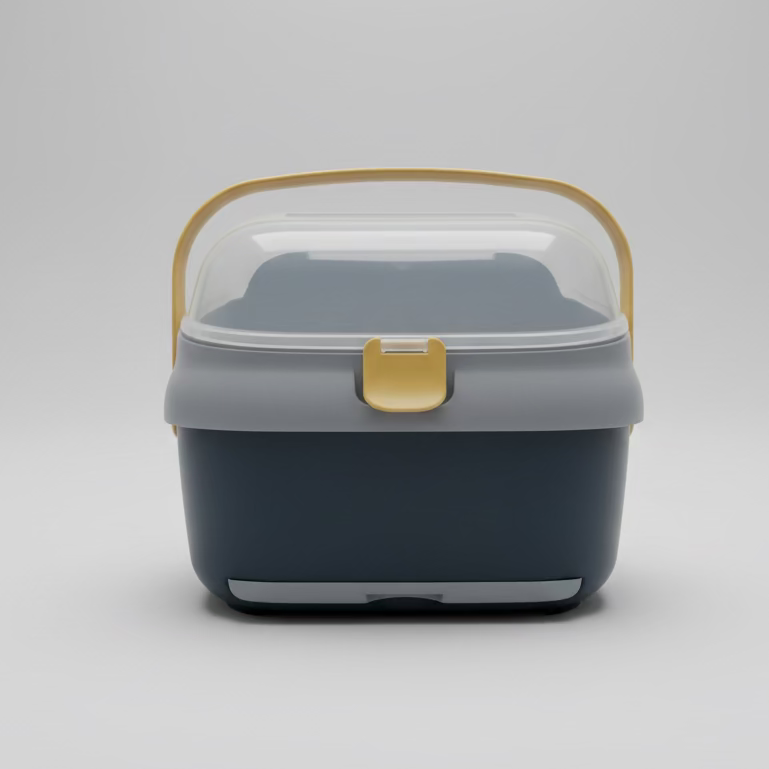 A plastic storage container with a dark navy blue body, a gray lid, and a yellow latch, sitting on a white counter in a store.