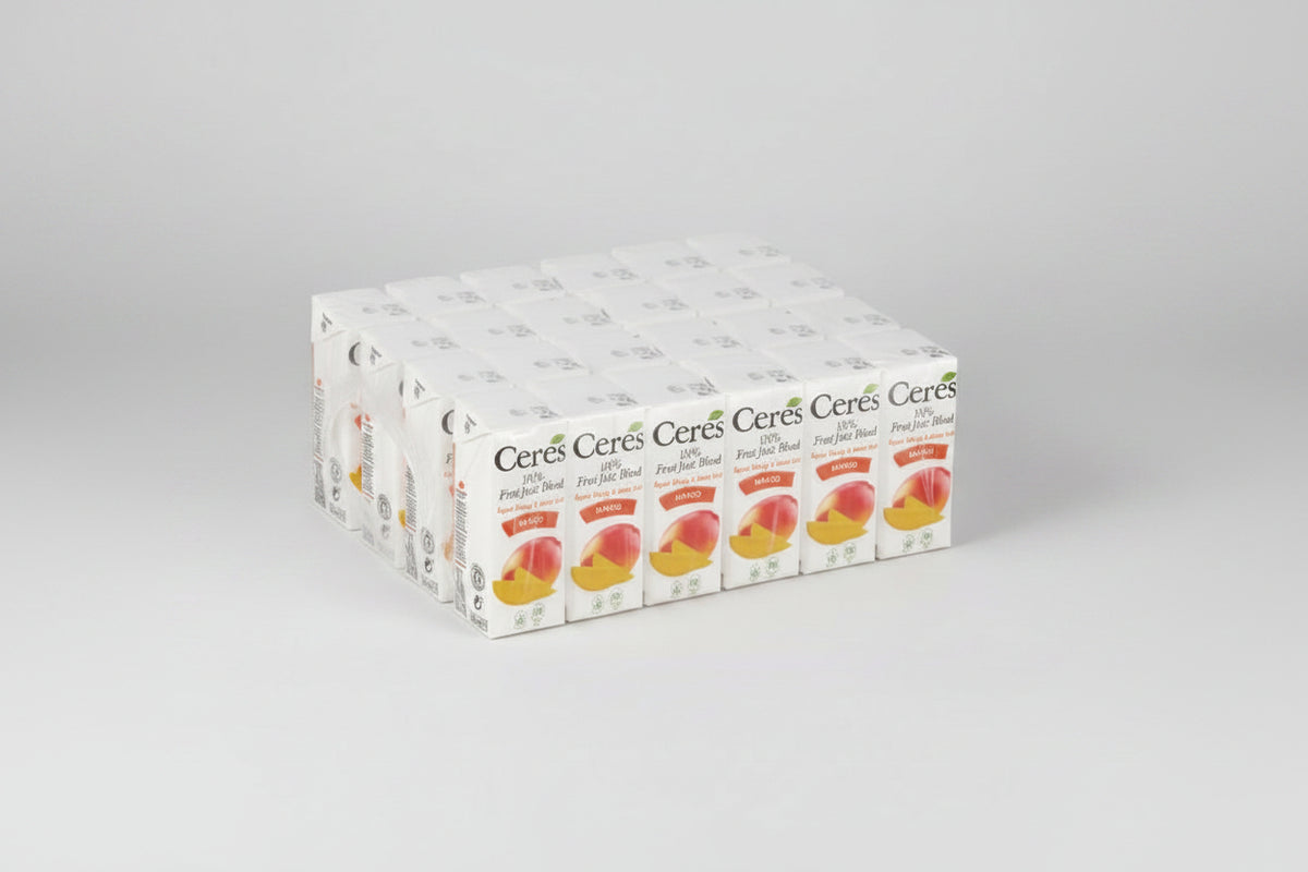 A bulk pack of Ceres Fresh Fruit Blend juice boxes, showing multiple cartons stacked and overlapping on a plain white background.