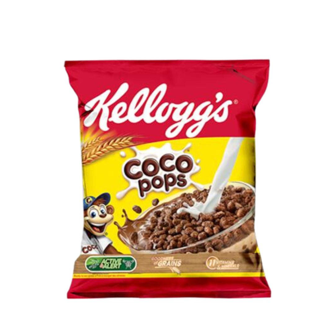 A bag of Kellogg's Coco Pops cereal, featuring the red and yellow packaging with the Kellogg's logo and an illustration of the mascot, Larry the Cereal Guy, on a white background.