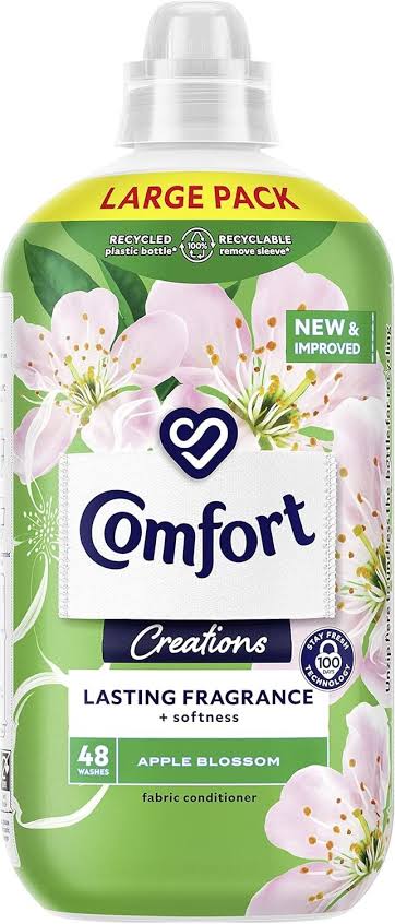 Comfort Creations Large Pack Apple Blossom fabric conditioner bottle with a white cap, featuring a green and white label decorated with pink blossoms.