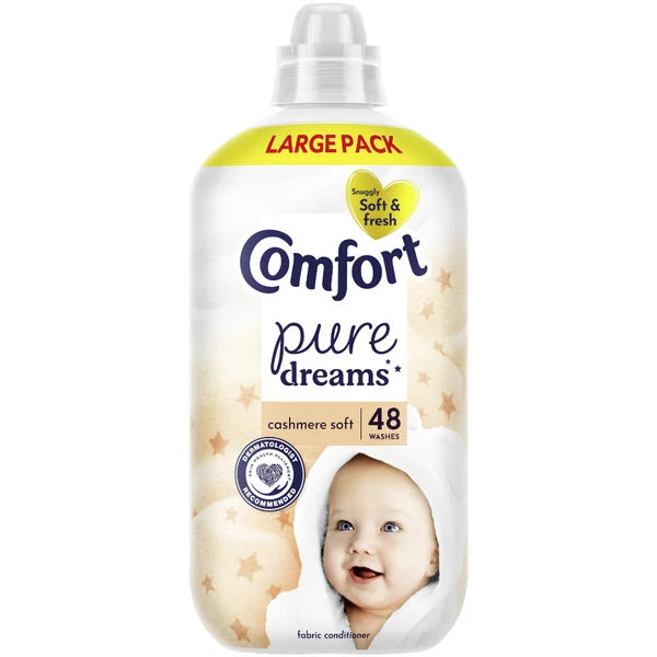 Comfort Pure Dreams Cashmere Soft fabric conditioner in a large pack bottle, featuring a white and beige design with a baby illustration and a yellow 'Large Pack' banner.
