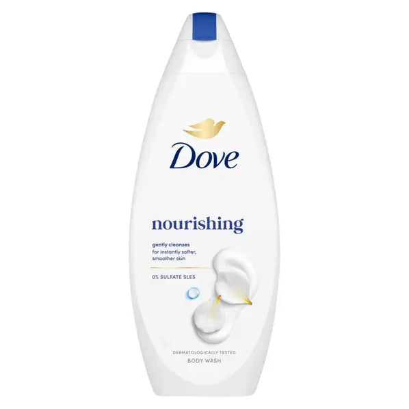 A white bottle of Dove Nourishing Body Wash with a blue cap and blue branding, featuring illustrations of a dove and soap bubbles on a white background.