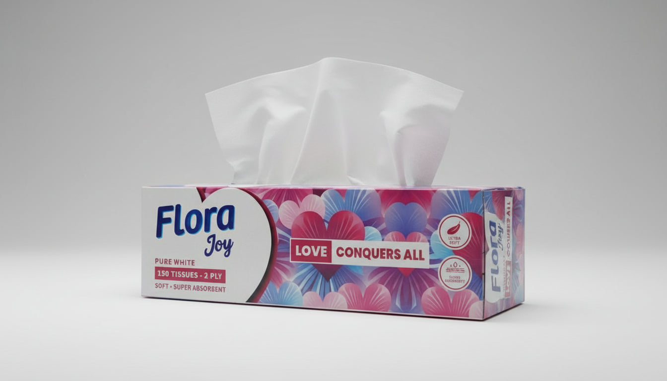 Flora joy pure white Tissue Paper (love conquers all) 150 Tissue Paper ‚Äì 2 ply – hygiene and toiletries product image