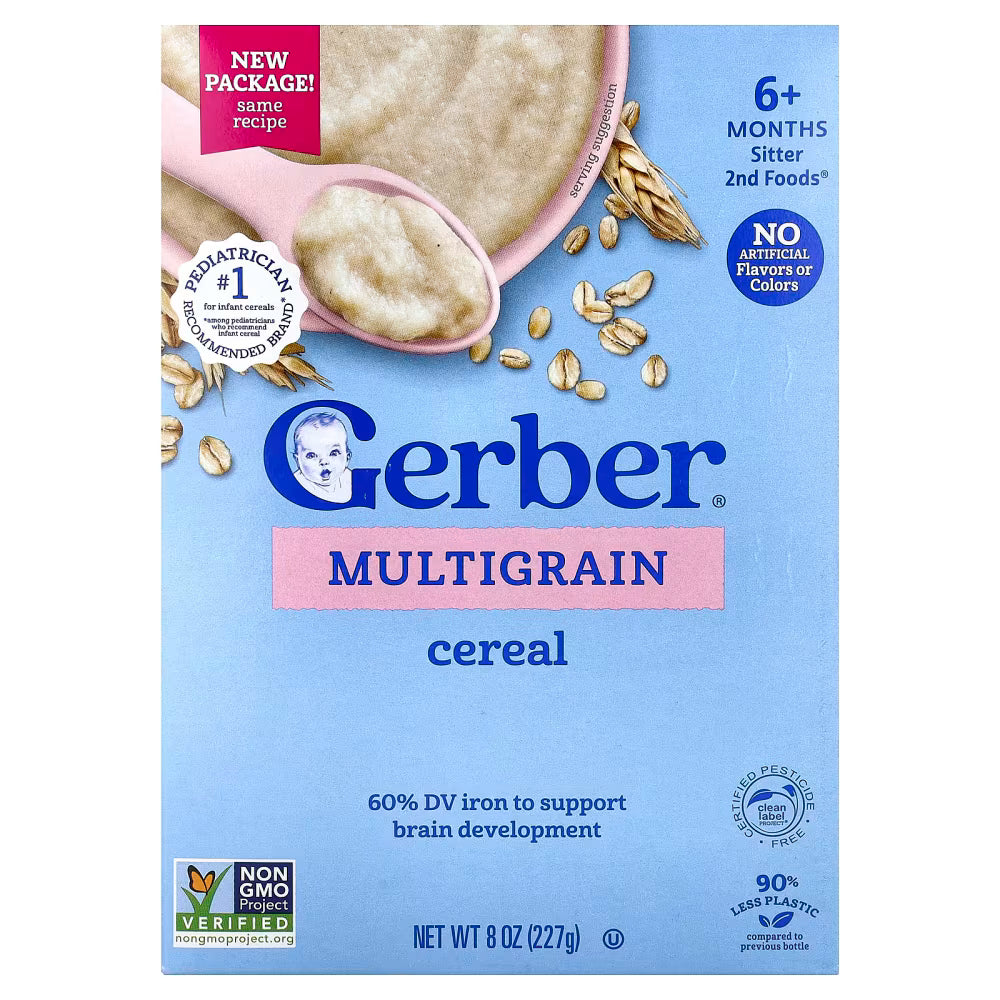 Gerber Multigrain Cereal box, 8 oz, featuring a light blue background with a spoon of cereal, oats, and product details.