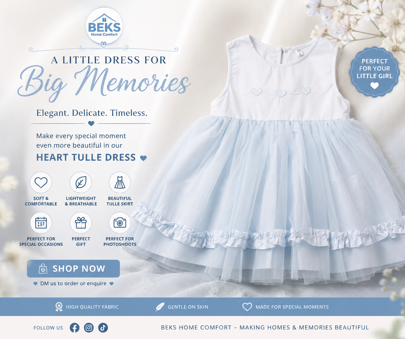 Suofeiya baby girl sleeveless pale blue tulle dress, heart embroidery and ruffle hem - Beks Ghana