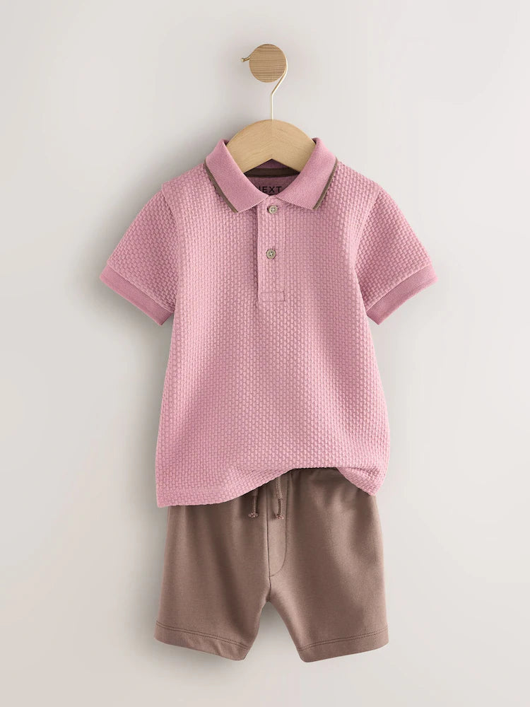 Next Pink Short Sleeve Textured Polo Shirt and Shorts Set (3-6months)