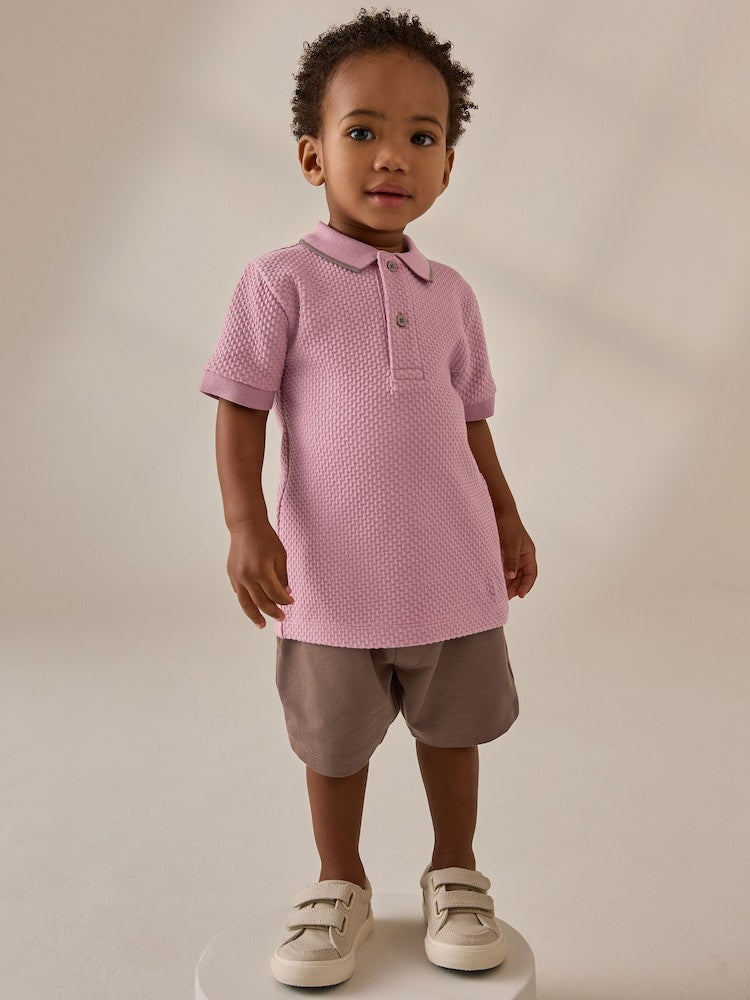 Next Pink Short Sleeve Textured Polo Shirt and Shorts Set (3-6months)
