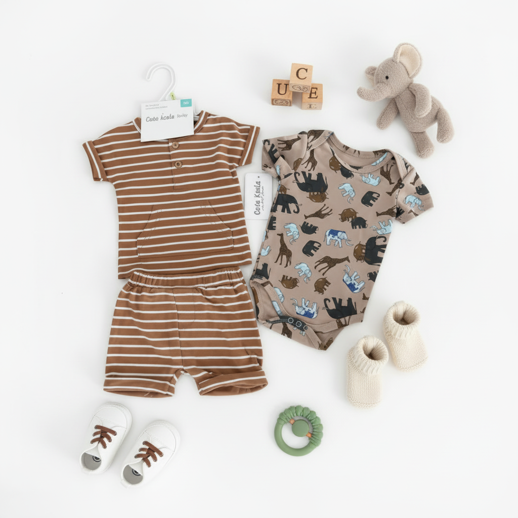 Cute Koala Baby Boys 3-Piece Set( Shirt, Bodysuit & Shorts)