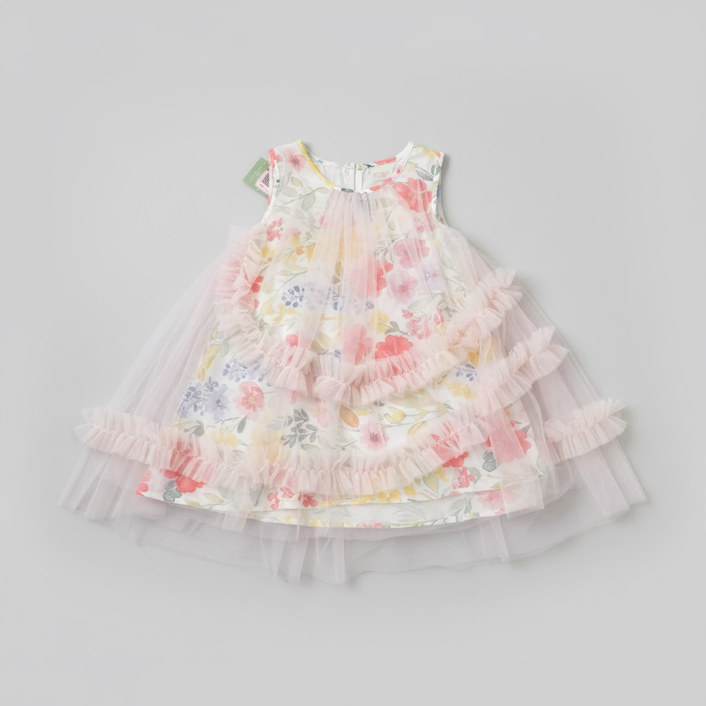 A sleeveless white tulle dress with a pink, yellow, and blue floral print and ruffled trim, laid flat on a dark wood table.