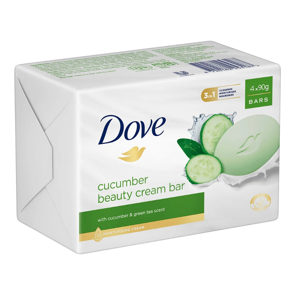 A package of Dove Cucumber Beauty Cream Bar soap, showing the front and side of the white cardboard box with green and blue branding, cucumber graphics, and a green soap bar illustration.