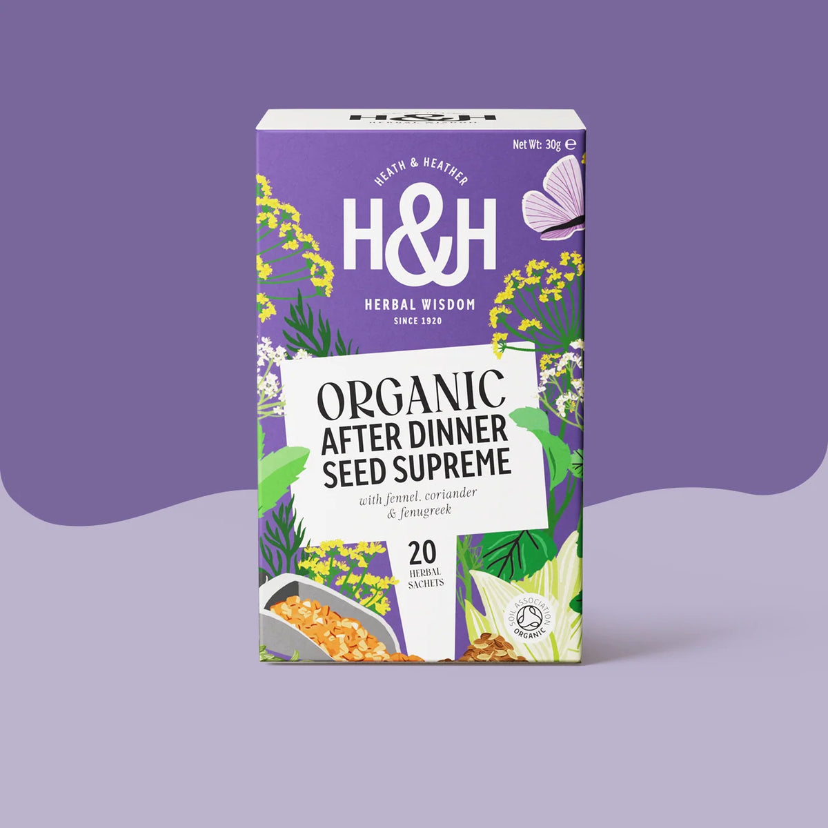 A box of H&H Organic After Dinner Seed Supreme herbal supplement, featuring a purple and white design with botanical illustrations, set against a matching purple background.