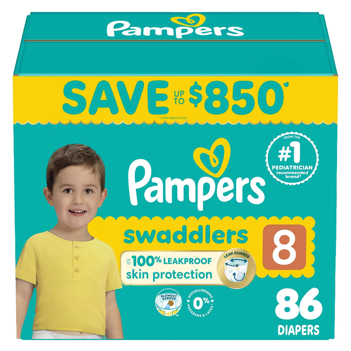 A large Pampers Swaddlers size 8 diaper pack box, featuring a smiling young boy in a yellow shirt on the front. The packaging is teal and yellow with white branding and text indicating it contains 86 diapers.