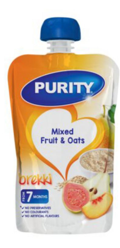 Purity pouch mixed fruit & oats 110ml Single packaging - available at Beks Ghana