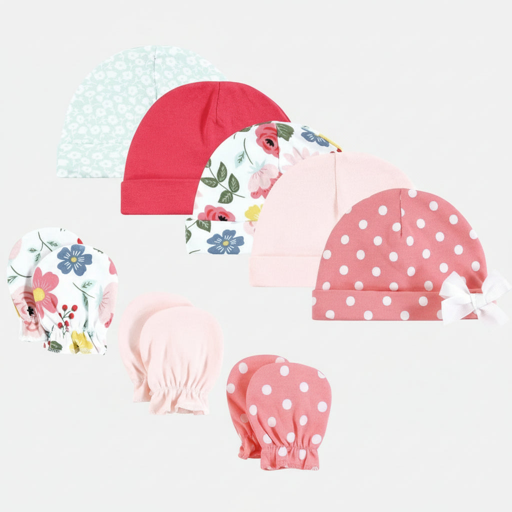 Hudson baby 8 pieces cap and scratch mittens set 0-6 months