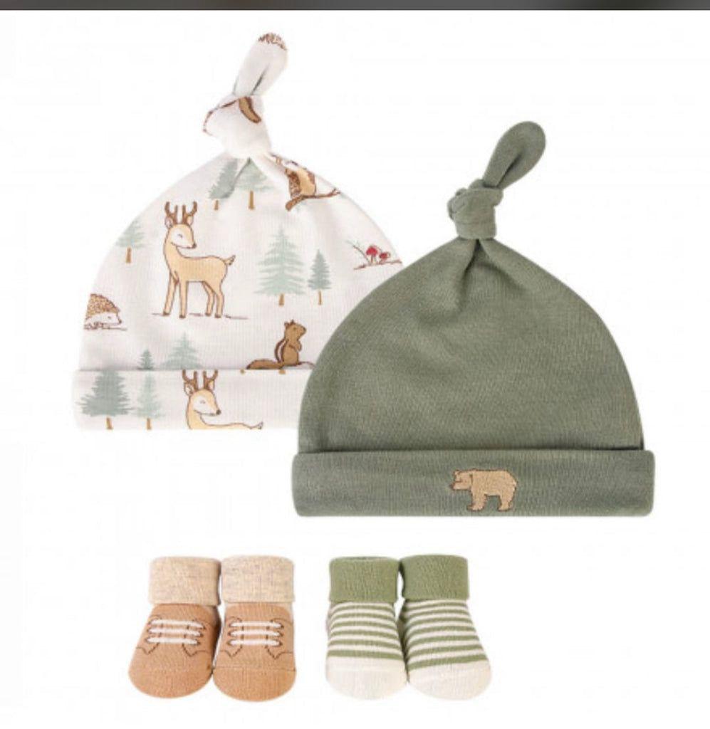 Hudson Baby 4 piece Cap & Sock Set 0-6m