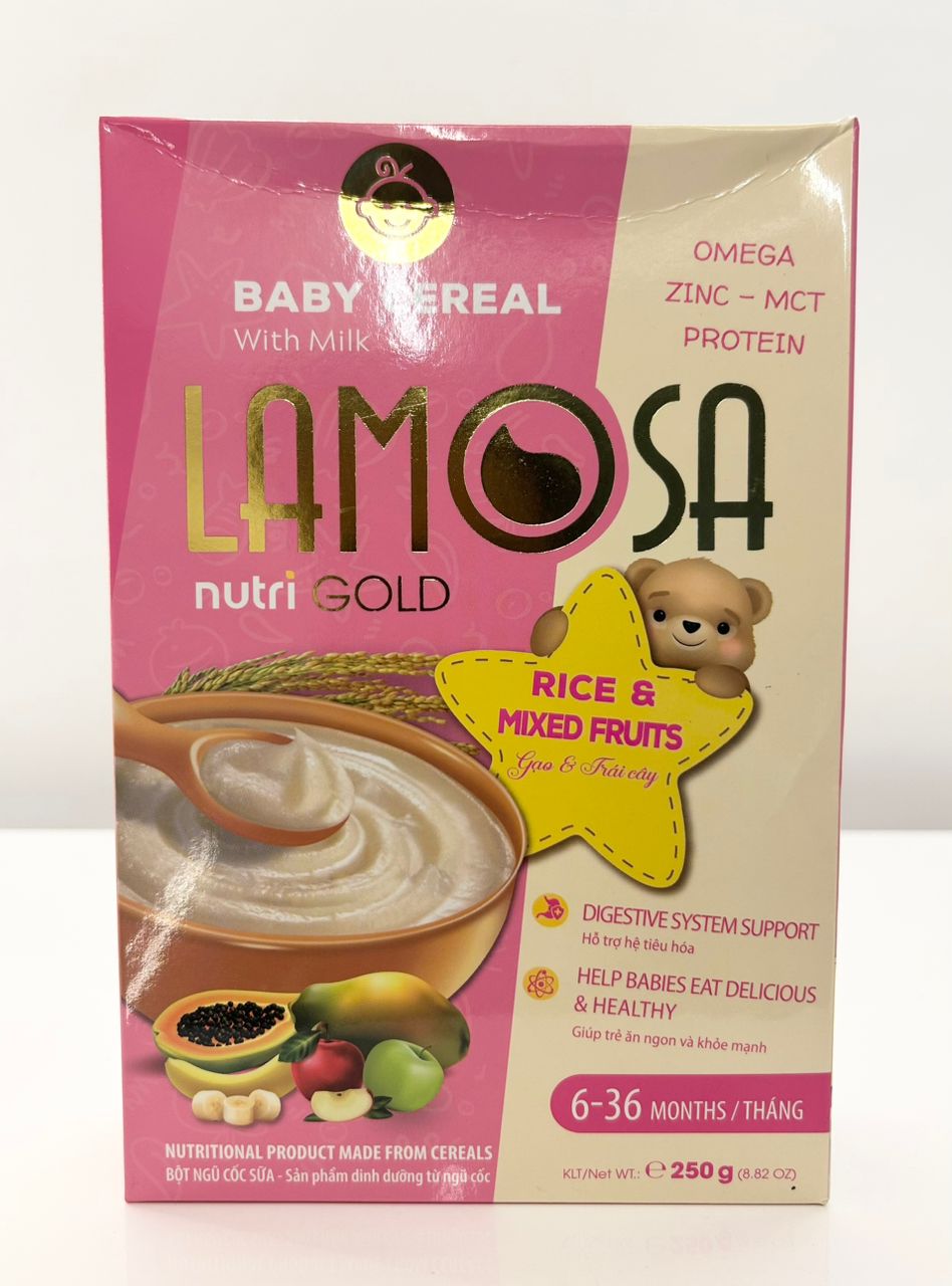 Lamosa NutriGold Rice & Mixed Fruits 250g packaging - available at Beks Ghana