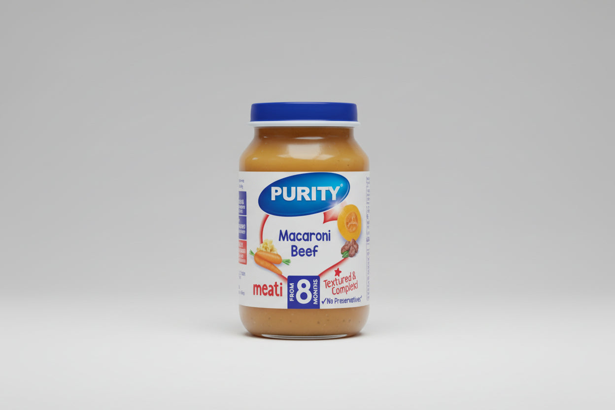 Purity Medium macaroni Beef (200ml x 6) pack packaging - available at Beks Ghana