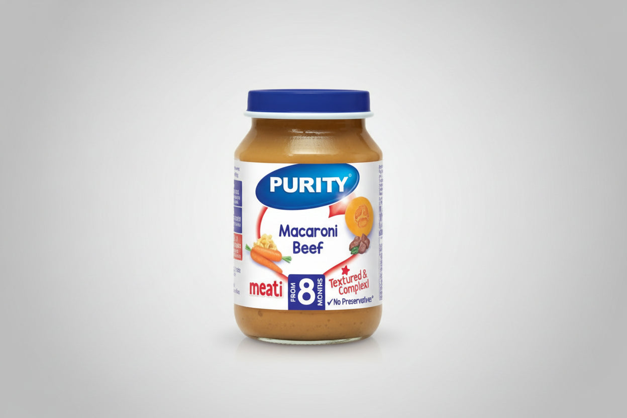 Purity Medium macaroni Beef (200ml x 6×4) Tray packaging - available at Beks Ghana