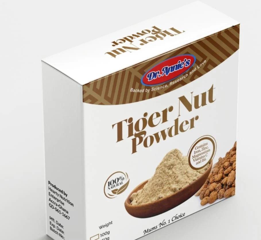 Dr Annie’s tiger nut powder Box packaging - available at Beks Ghana