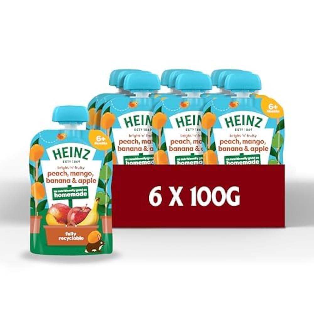 Heinz pouch Peach Mango Banana apple (6×100g) Pack packaging - available at Beks Ghana