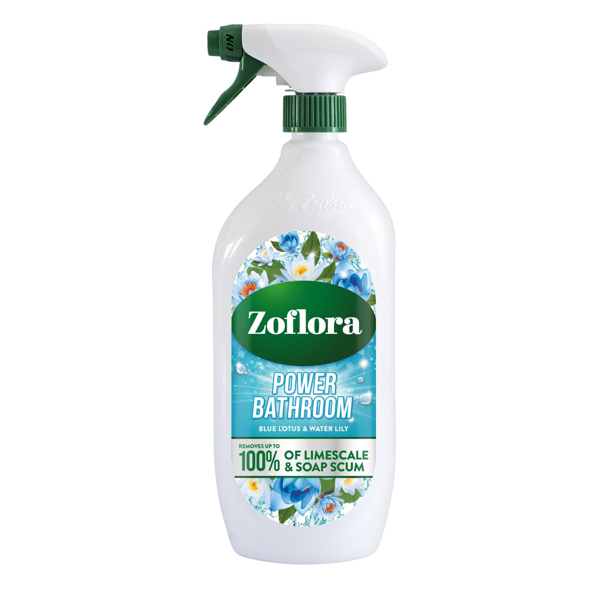 Zoflora Power Bathroom Blue Lotion & Water Lit spray bottle on a white background.