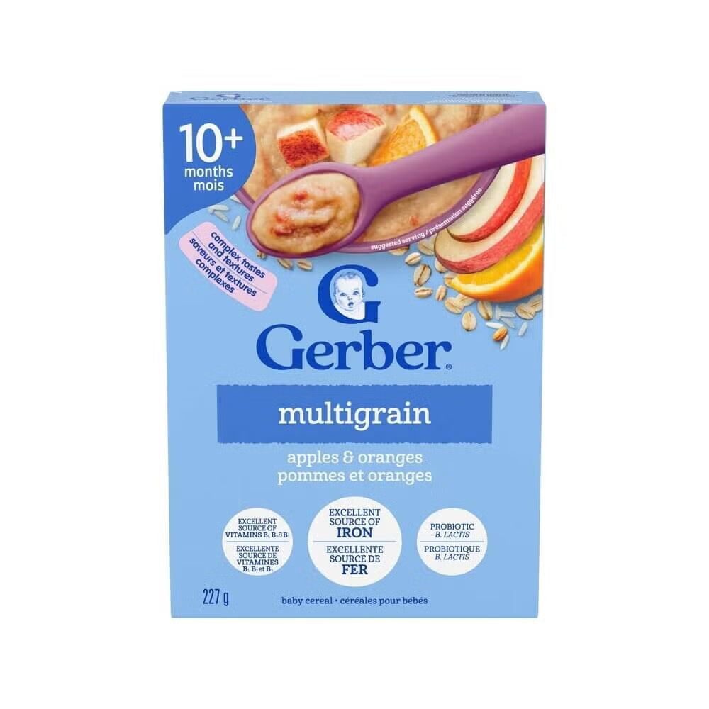 A box of Gerber Multigrain baby cereal, 10+ months, featuring blue packaging with illustrations of apples, oranges, and a purple spoon.