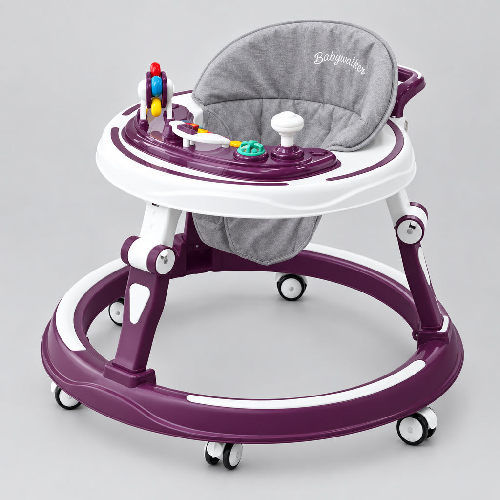 Beks Ghana adjustable baby activity walker in purple and white with a grey padded seat and interactive play tray.