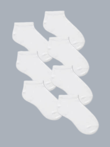 Beks Ghana 7 pack of white seamless cushioned ankle socks with reinforced heel and toe for everyday comfort.