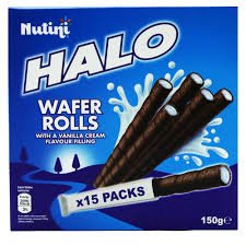 Nutini Halo Wafer Rolls with Vanilla Cream Flavour Filling x 15packs 150g - Beks Ghana