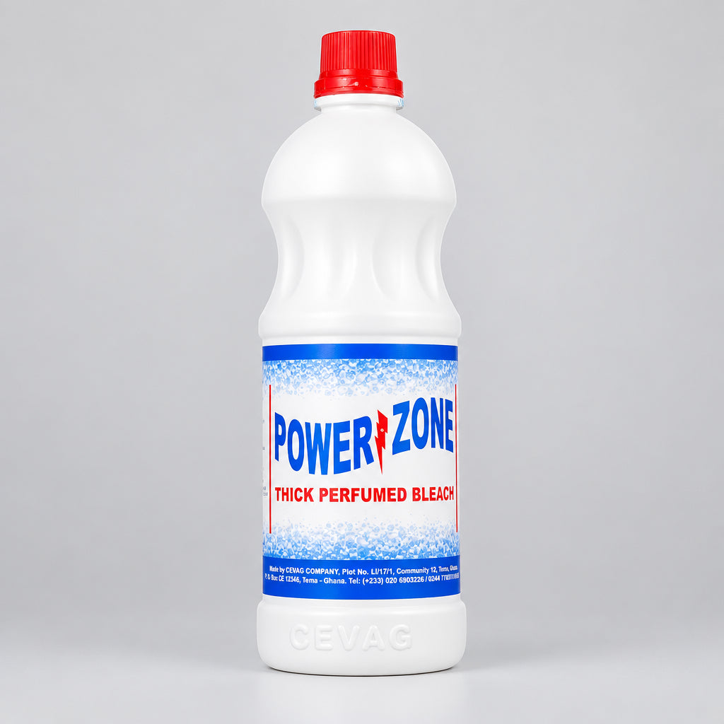 A white plastic bottle of Power Zone Thick Perfumed Bleach with a red cap and a blue and white label, set against a plain white background with a faint reflection below.