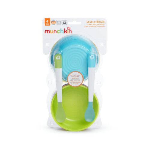 Munchkin Love -a- Bowls, 4 Bowls, 4 lids and 2 spoons.