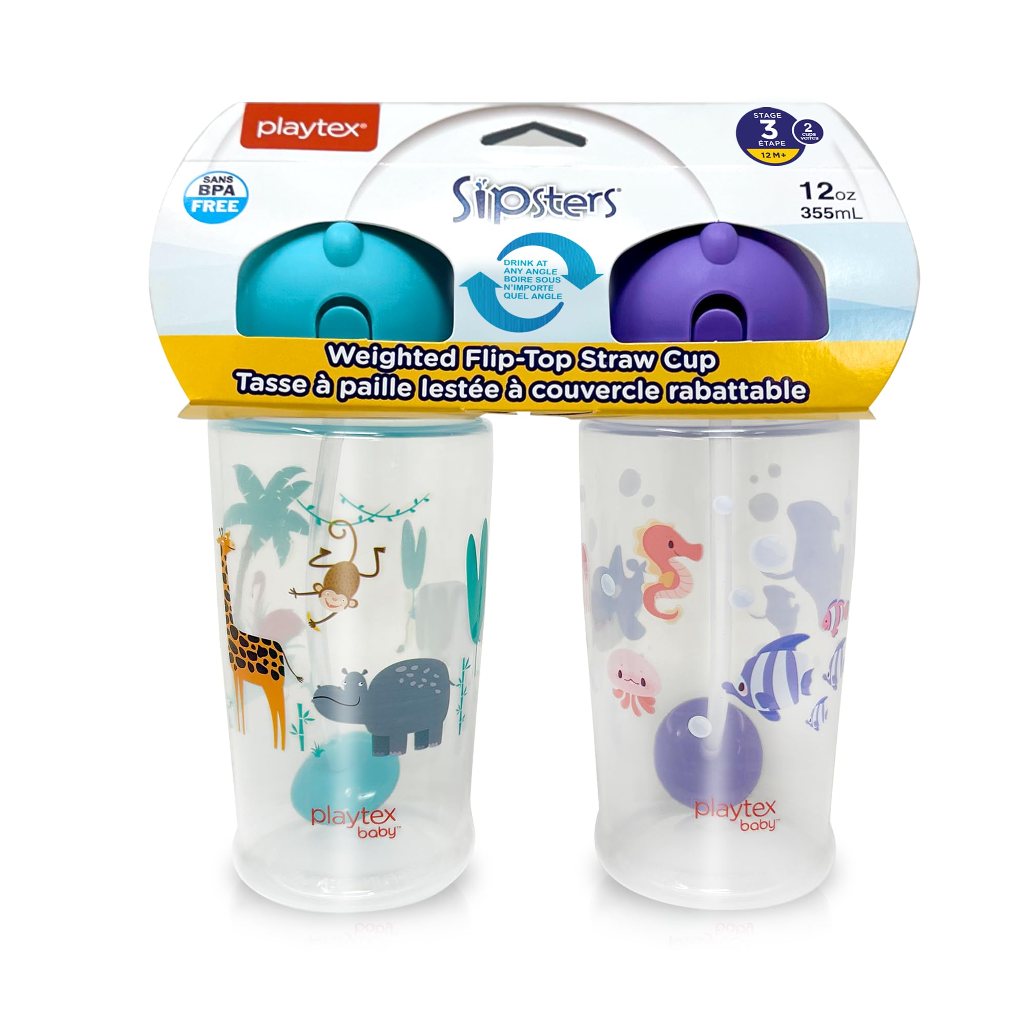 Playtex Weighted Flip Top Straw Cup, 2 Count - BPA Free Baby Sippy Cup - Stage 3 (12m+) 355ml