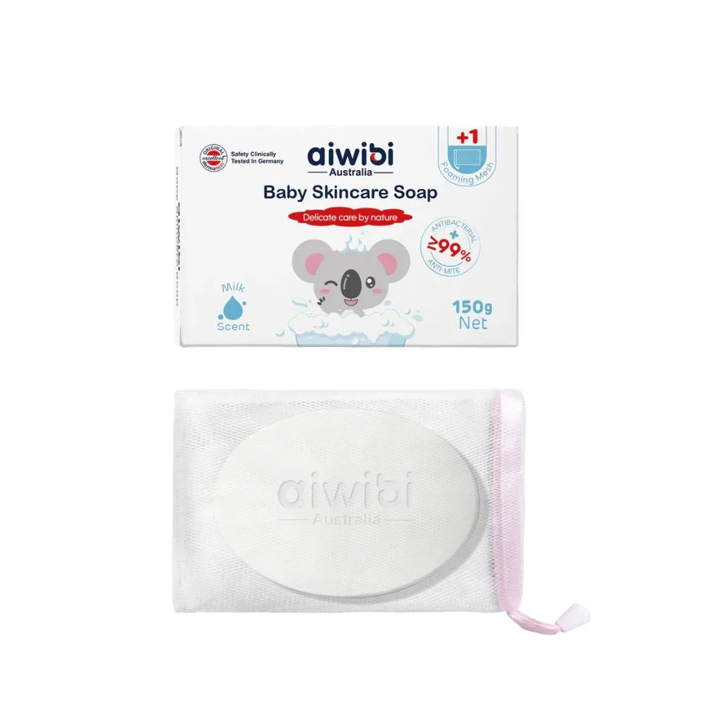 Aiwibi Australia Baby Skincare Soap shown with its white retail box above and the soap in a white mesh pouch below, on a plain white background.