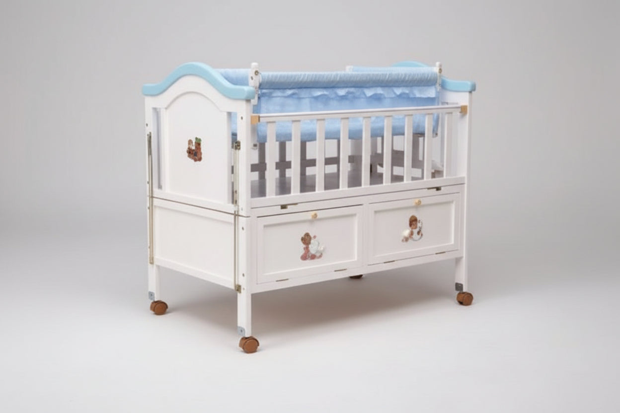 Baby Wooden Cot with a hanging Bassinet Crib with Mosquito Net - Beks Ghana
White crib with blue mattress on a gray background