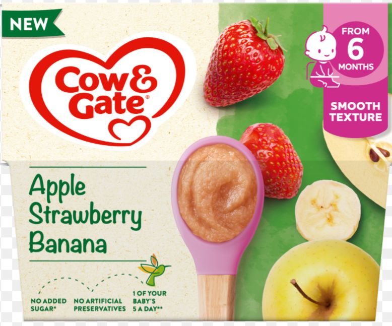 Cow & Gate Fruit Pots Apple, Banana & Strawberry(4 x 100g) Pack packaging - available at Beks Ghana