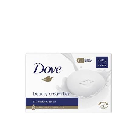 Dove Beauty Cream Bar soap packaging, 4 x 90g, featuring a white box with a bar of soap illustration and navy blue accents.