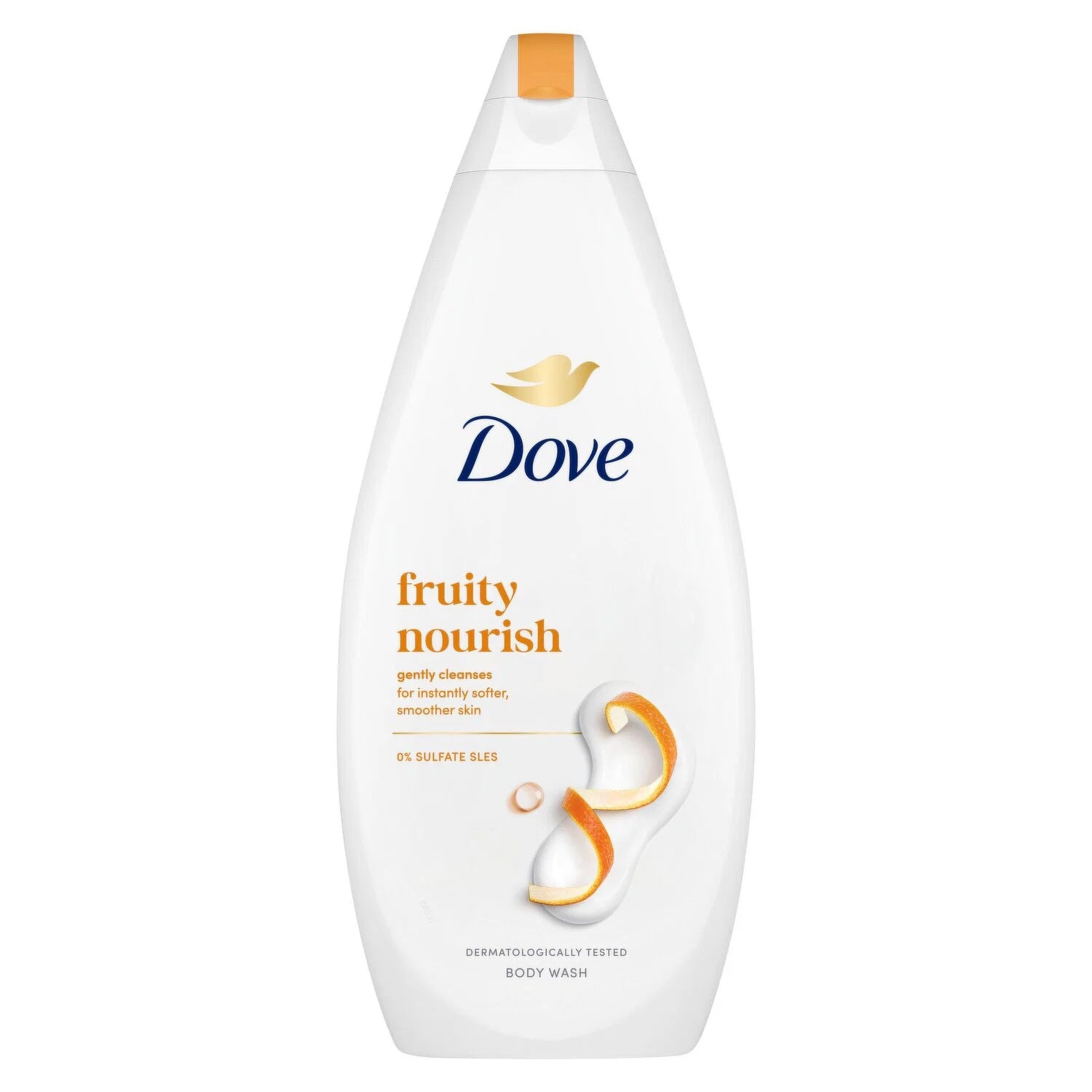 A bottle of Dove Fruity Nourish body wash on a solid white background. The bottle is white with an orange cap, featuring the blue Dove logo and orange and gold text.