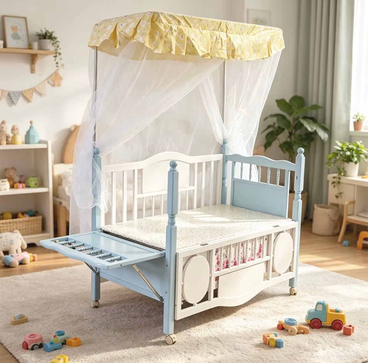 Baby Wooden Cot with a hanging Bassinet Crib with Mosquito Net