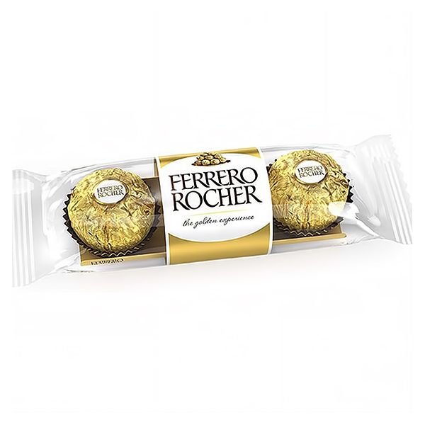 Two Ferrero Rocher chocolates in their original clear plastic packaging with a gold and white label, set against a plain white background.