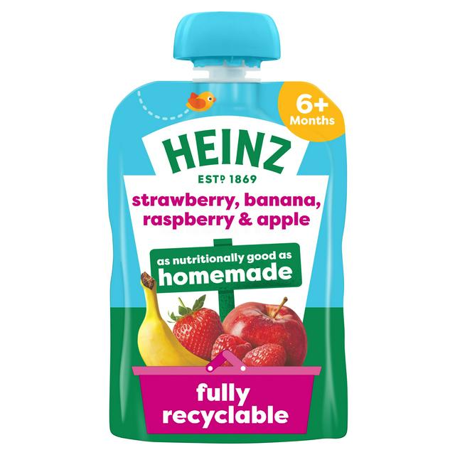 A single Heinz baby food pouch for 6+ months, featuring strawberry, banana, raspberry, and apple flavors. The pouch has a bright blue cap, a light blue upper section, a green lower section, and a white central label with colorful fruit illustrations.
