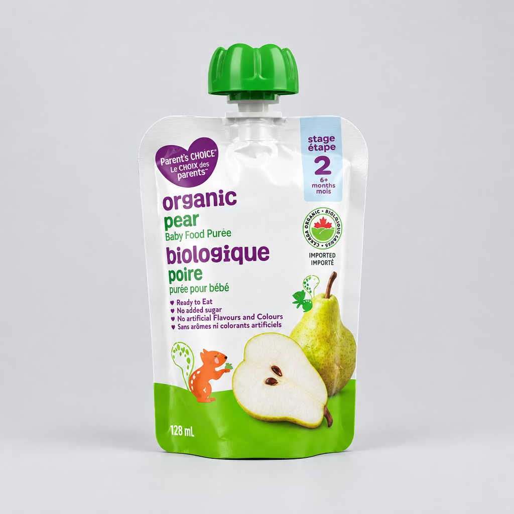 A 120 g pouch of Organic Pear Baby Food Stage 2 by Carefree Creek, featuring a green cap and illustrations of a pear and carrot on a white and green package, set on a wooden table against a stone wall.