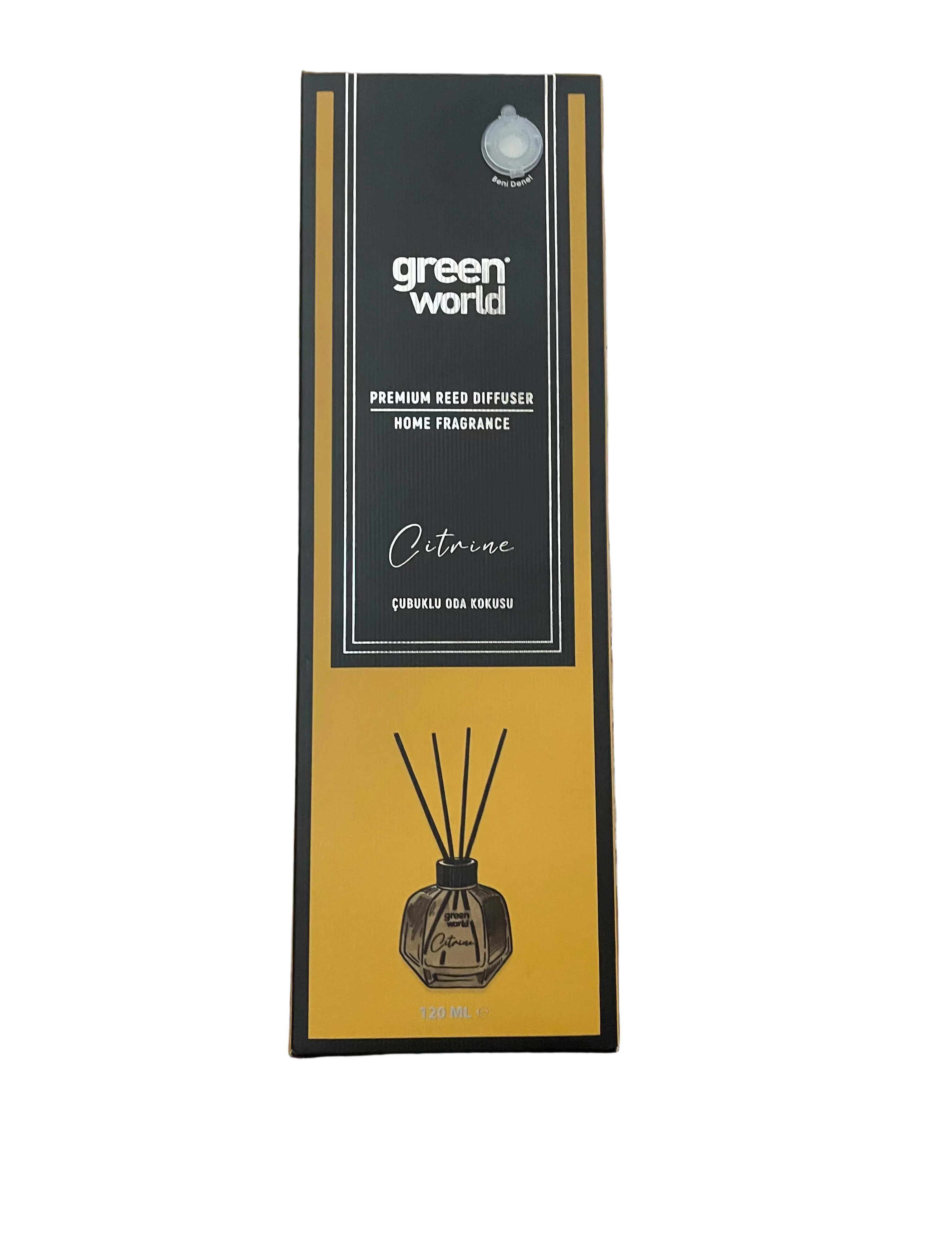Green World Citronae curved wood reed diffuser in its original packaging, standing on a dark wooden table against a rustic stone wall background.