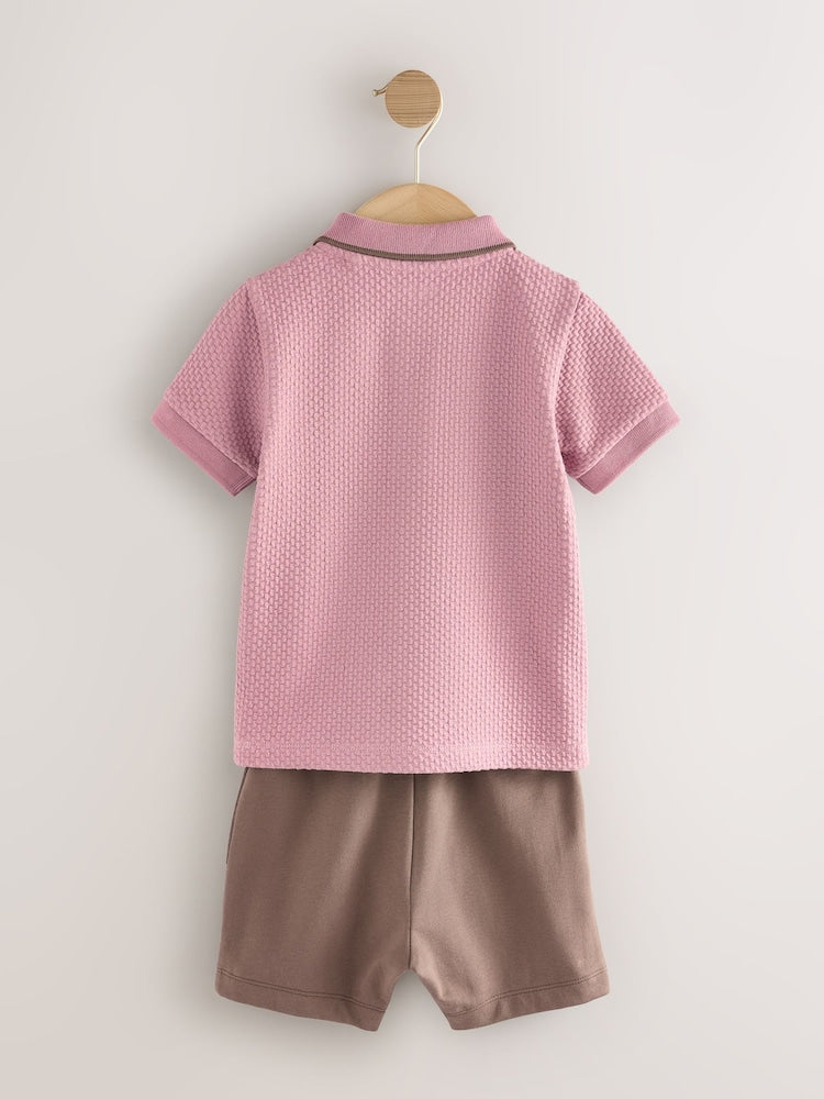 Next Pink Short Sleeve Textured Polo Shirt and Shorts Set (3-6months)