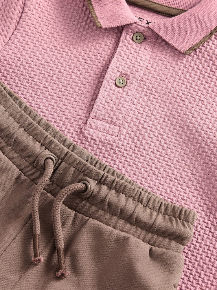 Next Pink Short Sleeve Textured Polo Shirt and Shorts Set (3-6months)